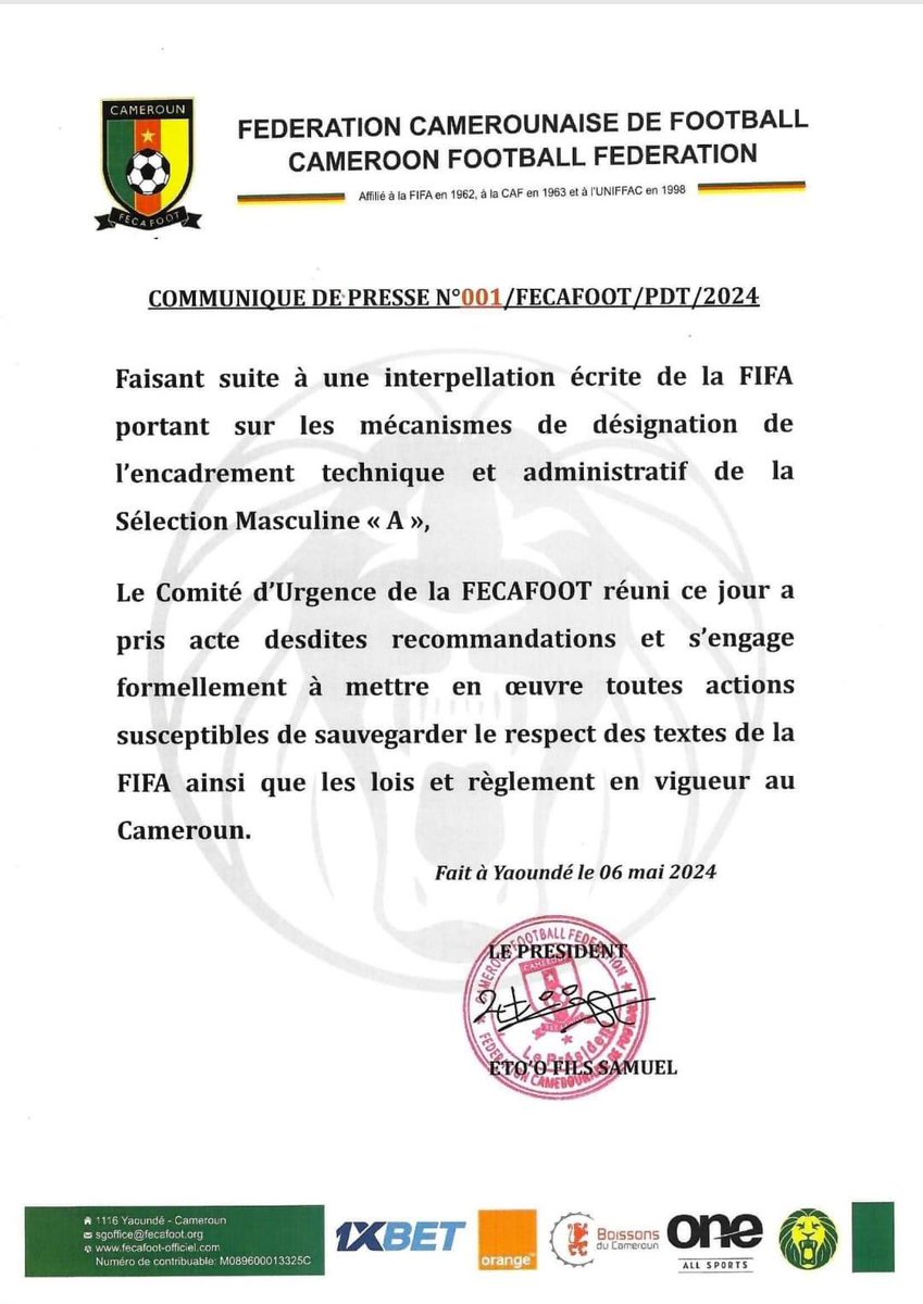 #Urgent 
#Communiqué
#FECAFOOT 
#LionsIndomptables