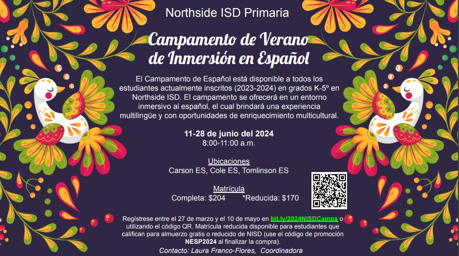 📢Sign up for the NISD Spanish Immersion Summer Camp TODAY!! Follow this LINK ➡️ bit.ly/2024NISDCamps to register your child for 13 days of meaningful multilingual and multicultural enrichment opportunities! @NISDElemCI @NISD