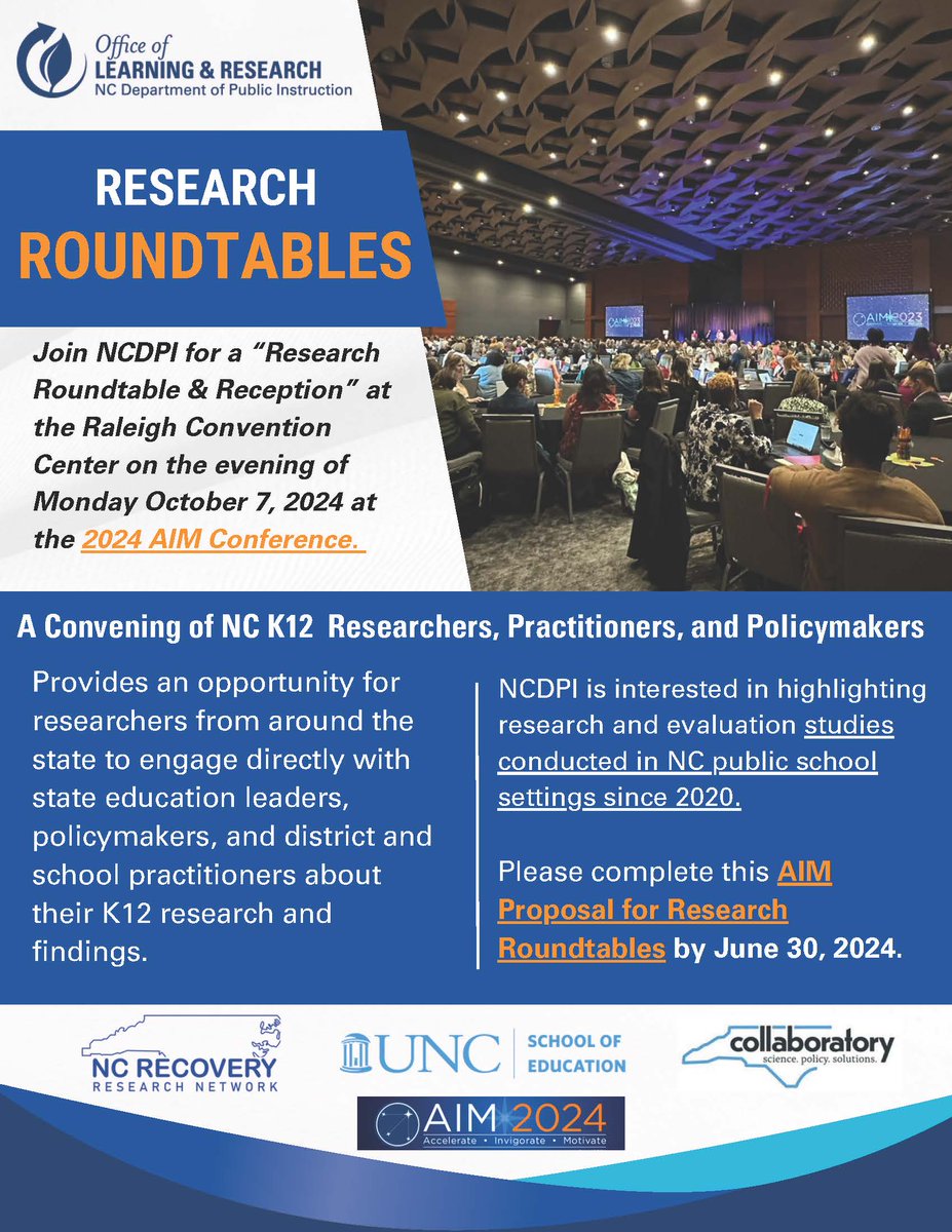 Join @ncpublicschools for a 'Research Roundtable & Reception' at #NCAIM2024! This is an opportunity for researchers to engage directly with state education leaders, policymakers, and district & school practitioners about their research & findings. forms.gle/GEuvLpeLusjjbB… #nced