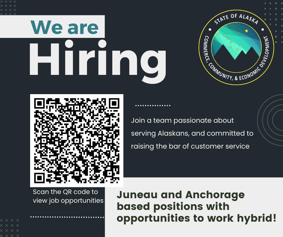 AlaskaDcced's tweet image. DCCED wants you to join our team!!
Scan the QR code to view our open positions.
#jobopportunity #DCCED #StateofAlaska #Alaskans #anchorageak #juneauak