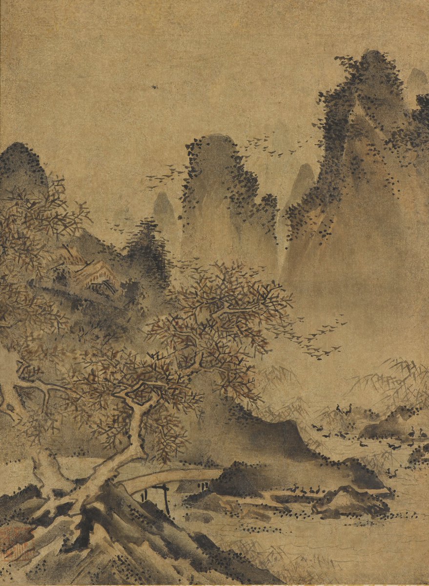 Landscape: mountains, stream and bridge, by Kenko Shokei, late 15th-early 16th century

#inkpainting