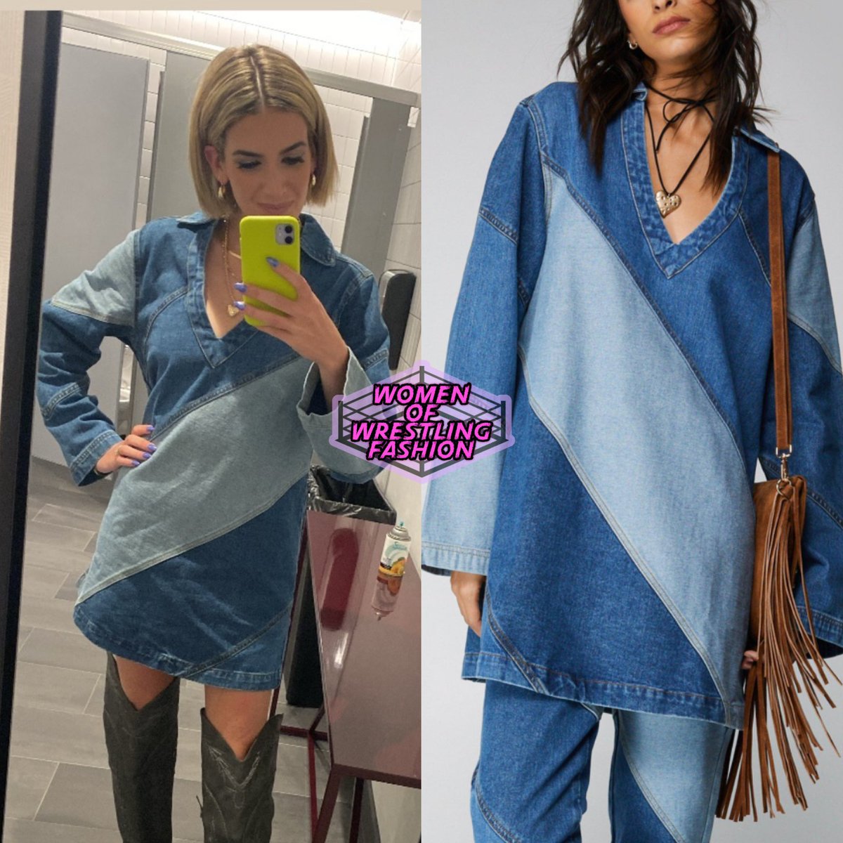 Megan wears the Denim Colorblock Tunic Top from Nasty Gal ($42 - on sale)