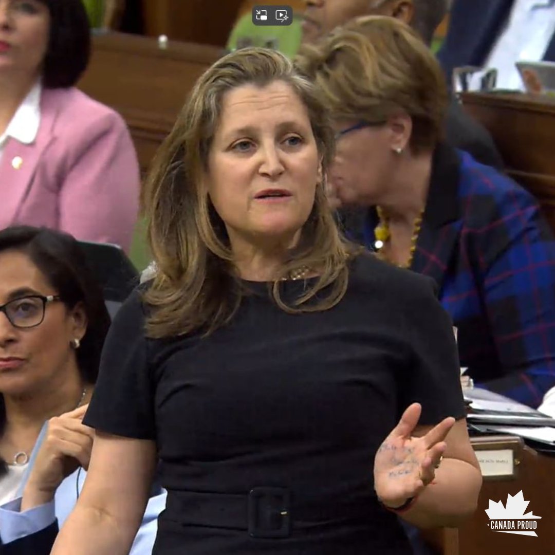 What does it say on Chrystia Freeland's hand?