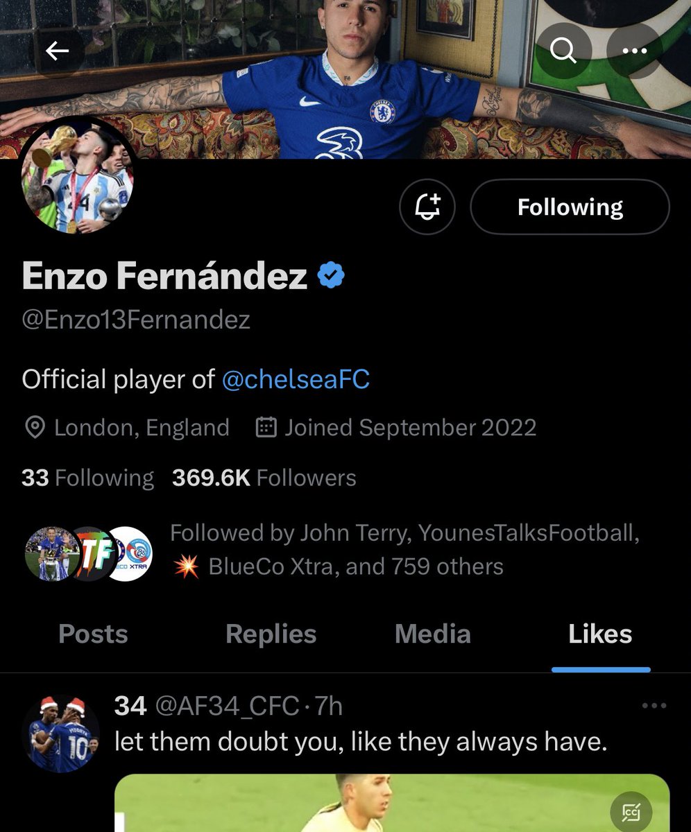 Enzo Fernandez likes a tweet “let them doubt you like they always have” #CFC