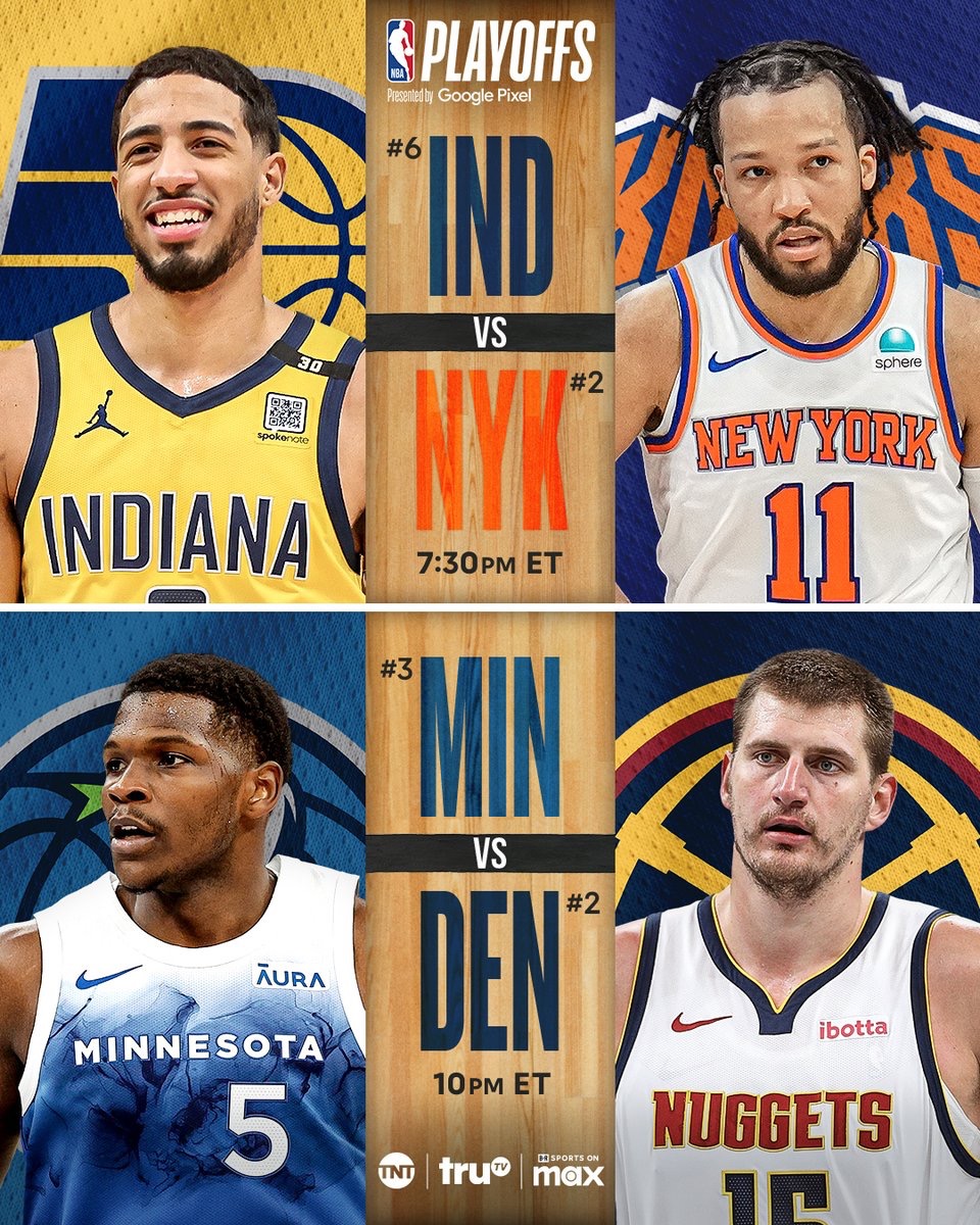 TNT’s #NBAPlayoffs coverage continues with a doubleheader!🤩🍿 🏀 @Pacers vs @nyknicks 🏀 @Timberwolves vs @nuggets 📺 7 PM | @NBAonTNT + @SportsonMax