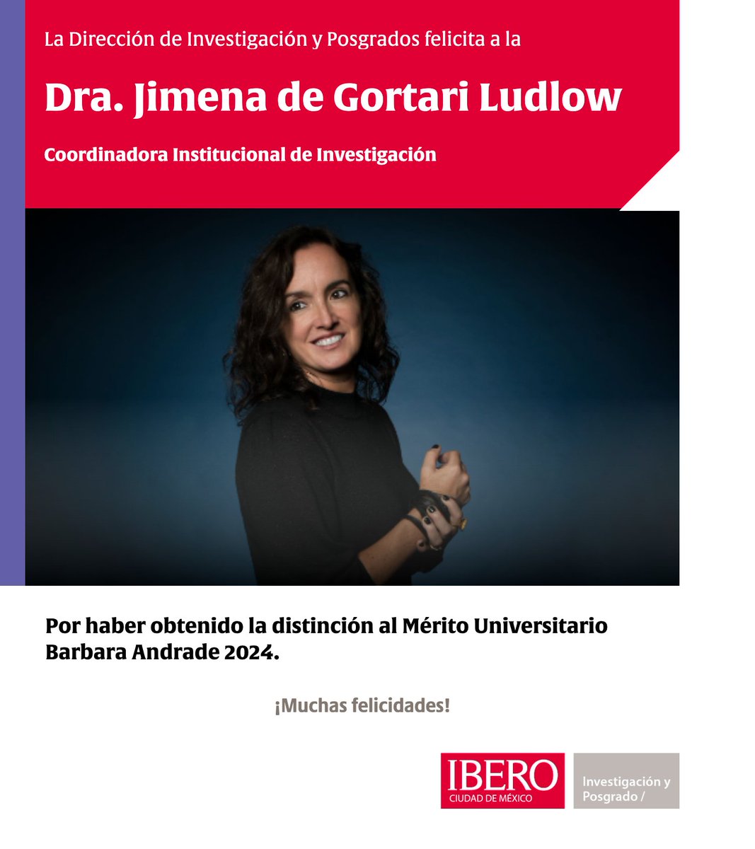 Con mucho gusto felicitamos a la Dra. Jimena de Gortari Ludlow (@jimenadegortari ), Coordinadora Institucional de Investigación de @IBERO_mx y académica de @ArqIBERO por este merecido reconocimiento. ¡Enhorabuena!