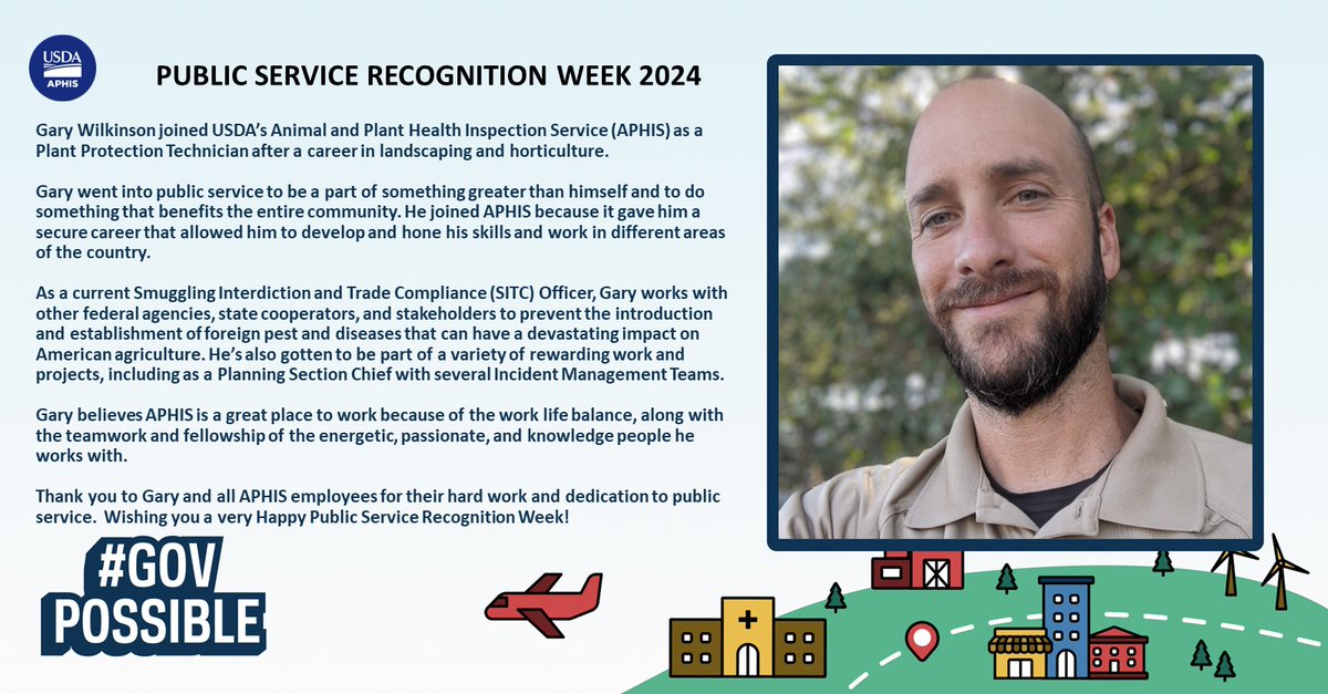 It’s Public Service Recognition Week, and today we recognize Dr. Gary Wilkinson – A Smuggling Interdiction and Trade Compliance (SITC) Officer for APHIS’ Plant Protection and Quarantine program. Thank you, Gary, and all public servants for making #GovPossible. #PSRW