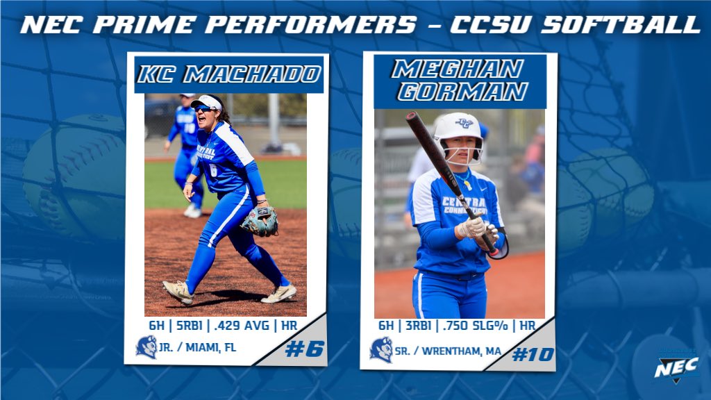 Shoutout to @CCSUsoftball players Meg Gorman and KC Machado for earning #NEC Prime Performers after they helped clinch an @NECsports playoff berth for CCSU!!

⏩The @necsoftball tournament starts Thursday at 12pm in Loretto, PA!!

#GoBlueDevils | #NECSB