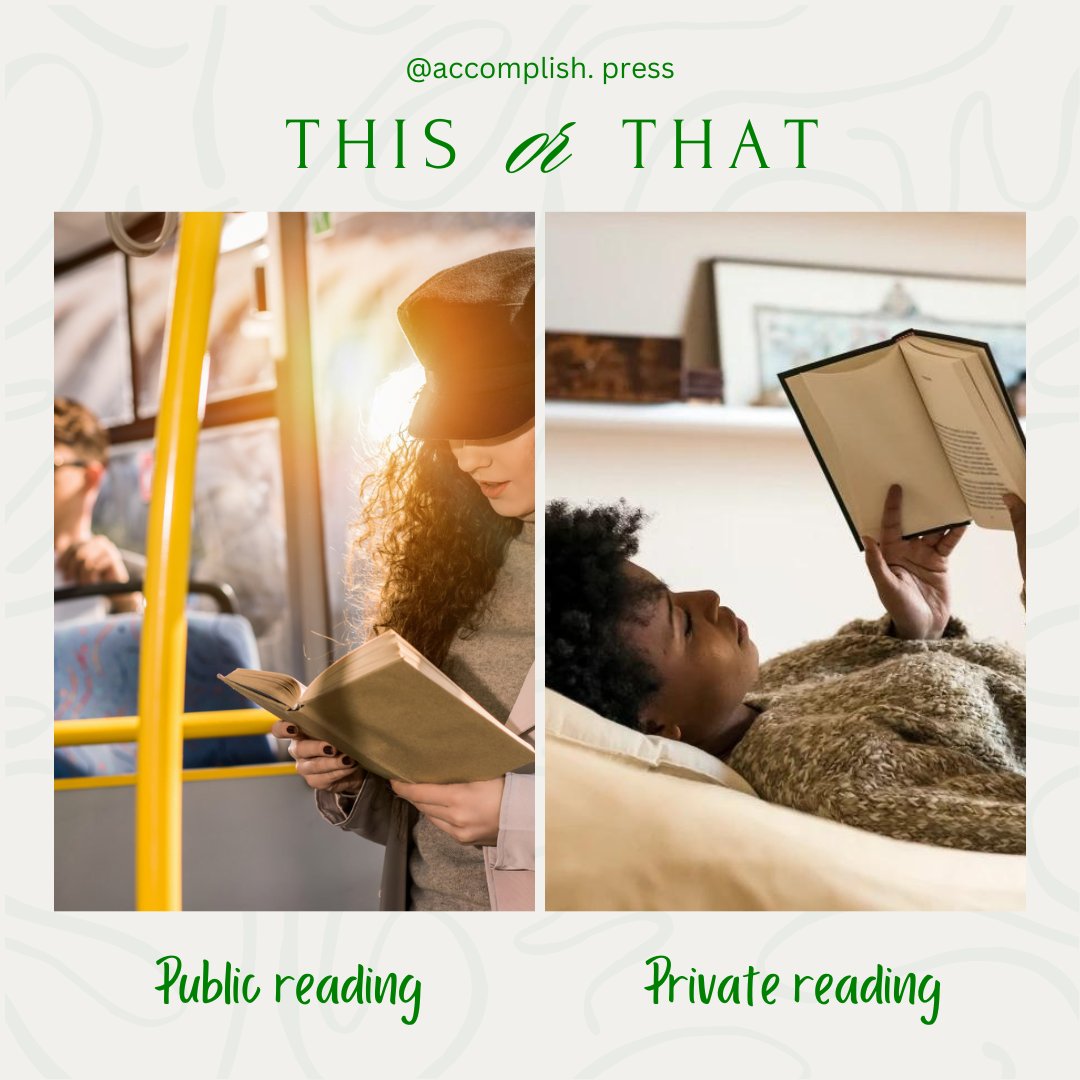 What type of reader are you?
Do you enjoy reading in public spaces like parks or cafes, or do you prefer the solitude of reading in the comfort of your own home🤔?
Let us know in the comments...

#authorslife⁠
#writinglife⁠
#writerscommunity⁠
#aspiringwriters⁠
#thisorthat