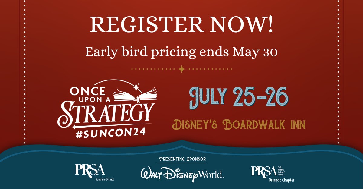 Register now for PRSA #SunCon24 in Orlando and lock in your spot at the best rate available. Early birds get the biggest savings—secure your seat today! 🌞🎟️#PublicRelations #ConferenceRegistration Click the link to get tickets! prsasunshine.org/district-confe…