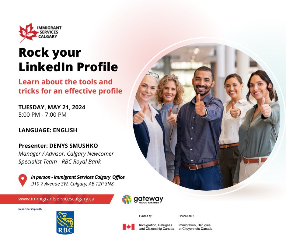 Do you want to have a LinkedIn profile that makes you stand out? Would you like to learn what it takes to create one? Join us for a session with Denys Smushko, from RBC. He will share the tricks and tools you need to network like a pro. To register: immigrantservicescalgary.ca/event/workshop…