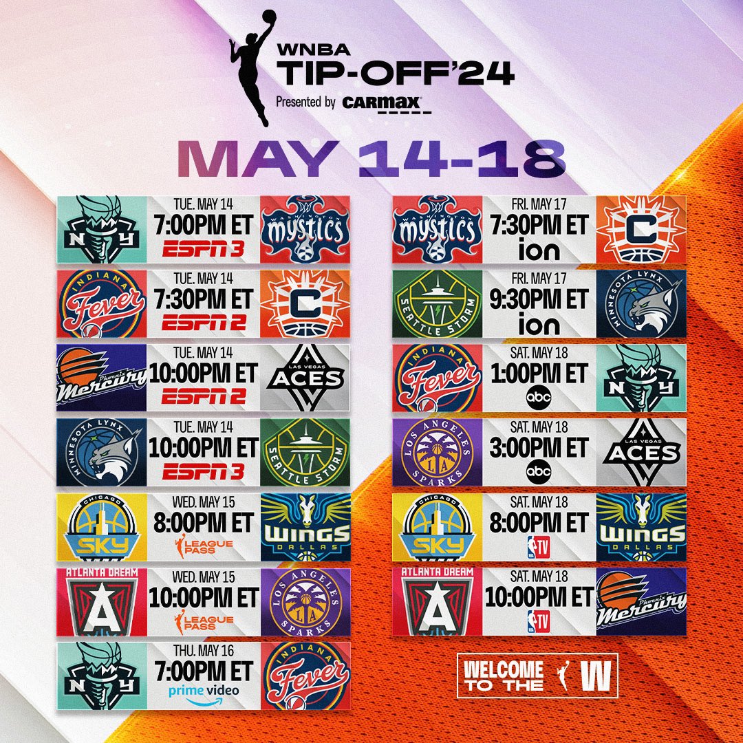 The W is back and better than ever 🤩 Tune in to WNBA Tip-Off presented by @CarMax, May 14-18 to watch your favorite players battle it out! #WelcometotheW