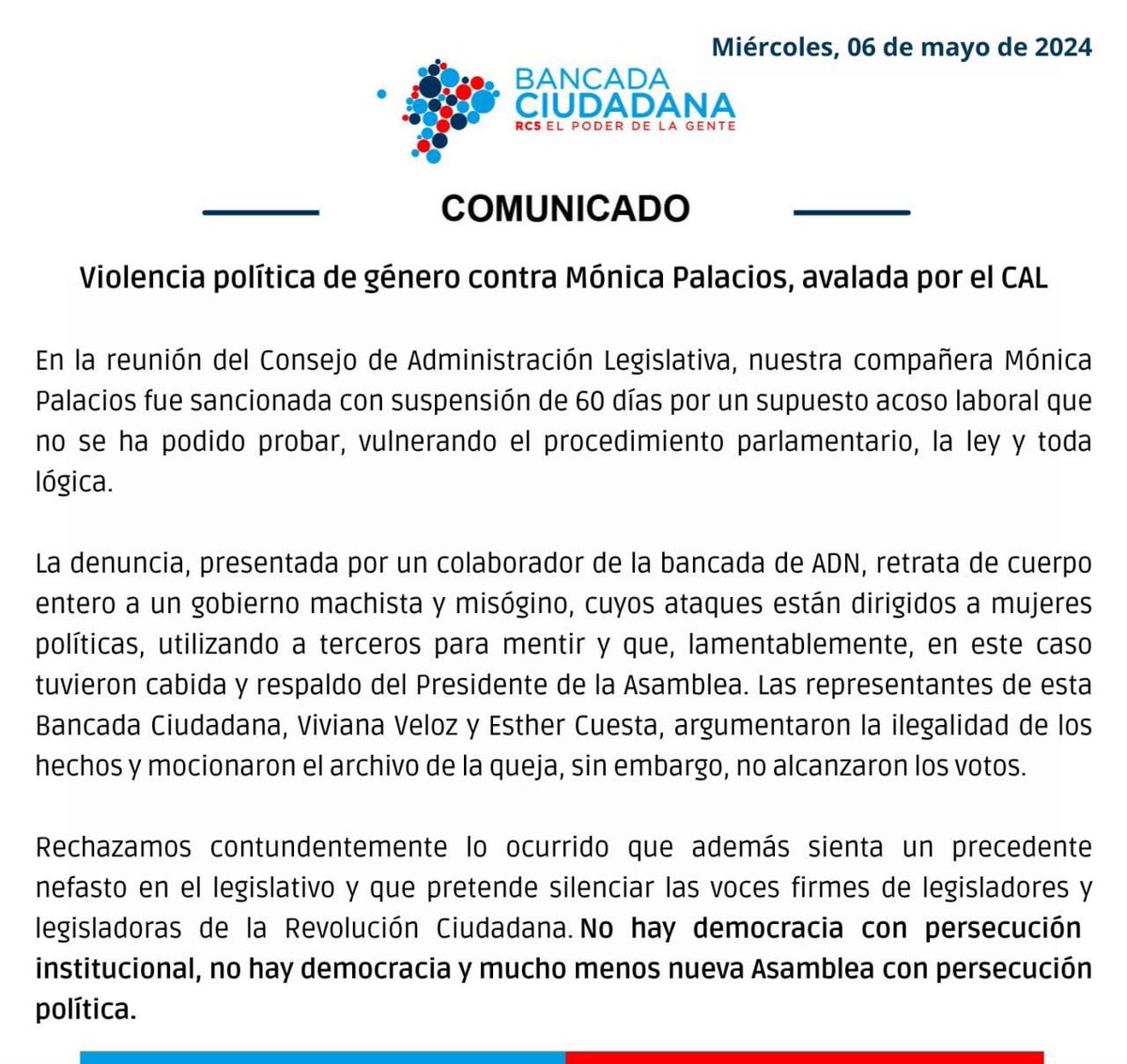 🔴 COMUNICADO ¡Basta de violencia política de género! Respaldamos a nuestra compañera @MoniPalaciosZ.