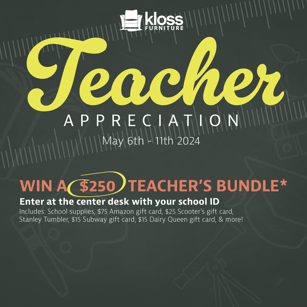 We appreciate you! If you are a teacher, come to any of our store locations and sign up for a $250 Teacher's bundle. 

*restrictions apply. See store for details. 5 bundles per store.

#klosstohome #localbusiness #teachersappreciation