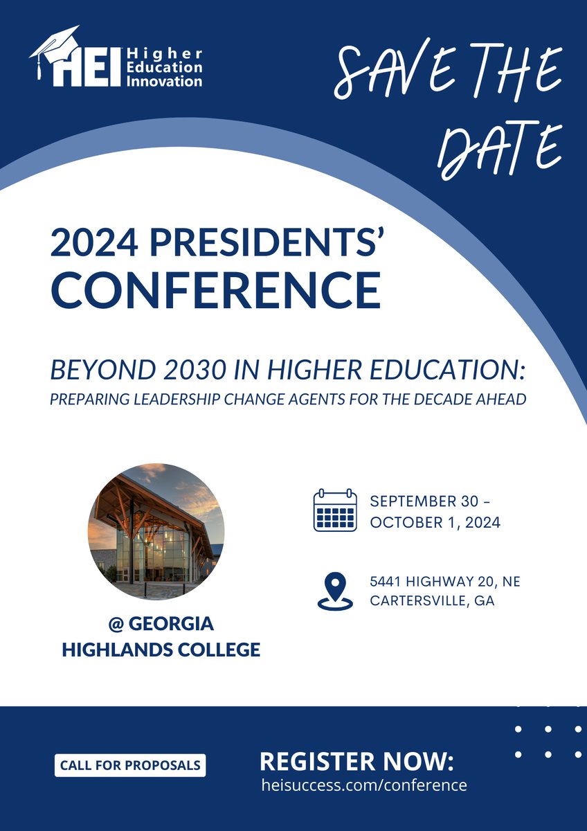 Mark your calendars! Get ready to be inspired at the Higher Education Innovation, LLC dynamic 2024 Presidents' Conference, taking place from September 30 to October 1 at the Georgia Highlands College Cartersville site. Learn more and register today at heisuccess.com/conference