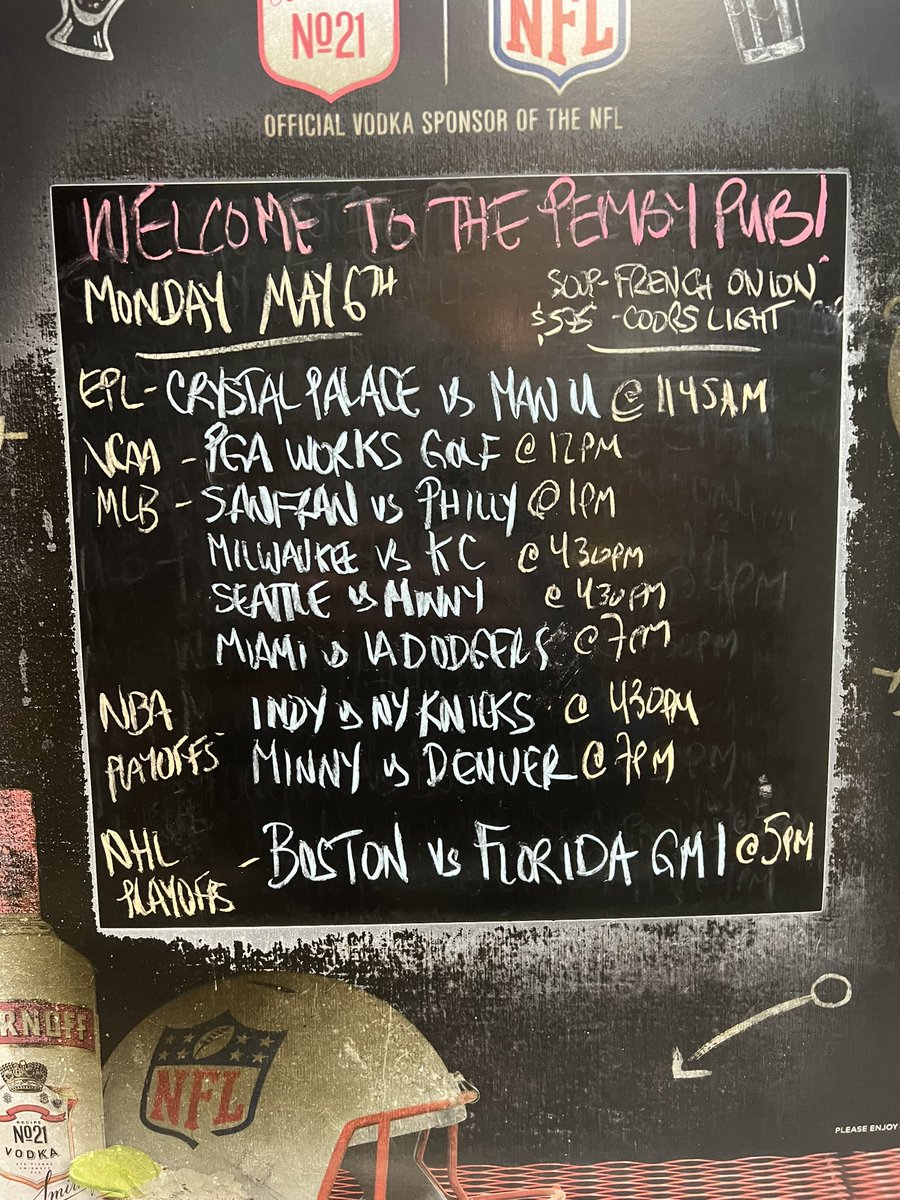 The Pemby opens at 11:30 am for lunch. Soup is French Onion today! Join us for @premierleague action at 11:45am @MLB starting at 1pm #NBAPlayoffs at 4:30pm and #StanleyCupPlayoffs @NHLBruins vs @FlaPanthers  GM 1 at 5pm #pembypub #NorthVan #yourteamplaysatthepemby