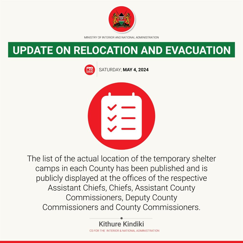 MzalendoReviews's tweet photo. To strengthen flood mitigation efforts, actual locations of temporary shelter camps are published and reachable.
#mitigatingfloodseffects https://t.co/X3OkKQGyPN