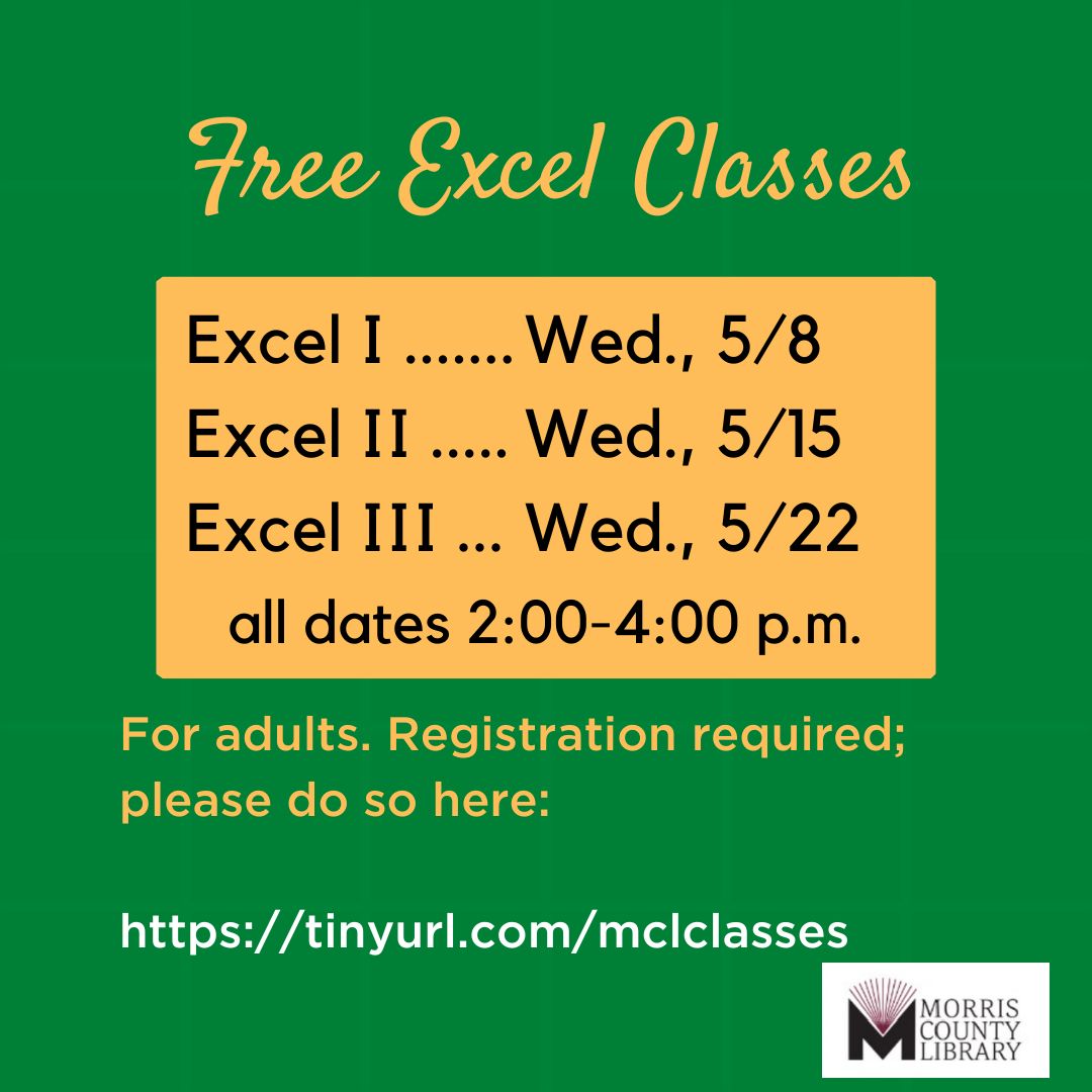Computer classes @ MCL -- always free!  Excel classes coming up.  Register here:

ow.ly/KLGl50RwzEj
.
.
 #ComputerClasses #Excel #MCL #MorrisCountyLibrary #MorrisCounty #MorrisCountyNJ