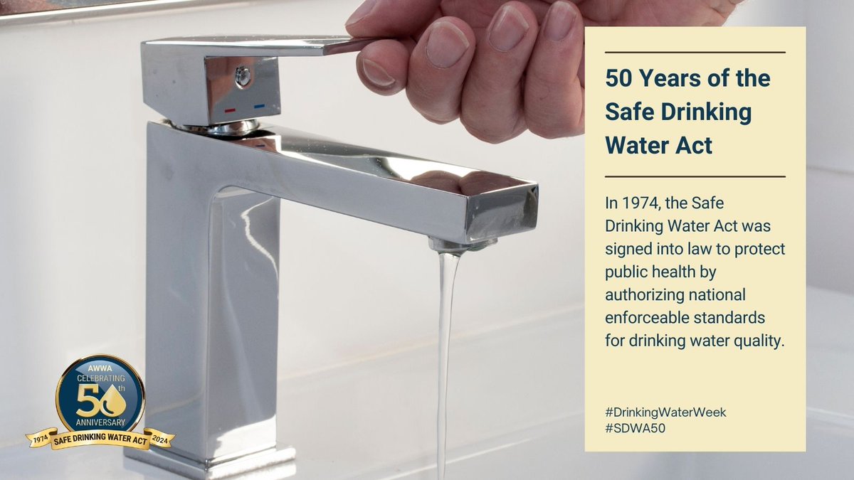This year marks 50 years of the Safe Drinking Water Act. For half a century, this law has safeguarded our drinking water. Learn more about its role in protecting public health during #DrinkingWaterWeek: news.awwa.org/3UtU57K #SDWA50