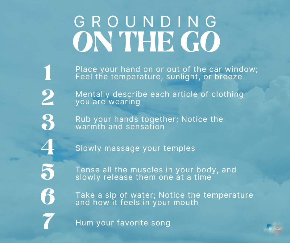 Negative thoughts, anxiety, and stress can pop up at any moment. Grounding is a coping practice that you can do anywhere, anytime.

Save this post for tips to ground yourself on the go!

#Grounding #AnxietyTherapy #MindfulnessOnTheGo #SelfCare #DenverTherapy #InFocusCounseling