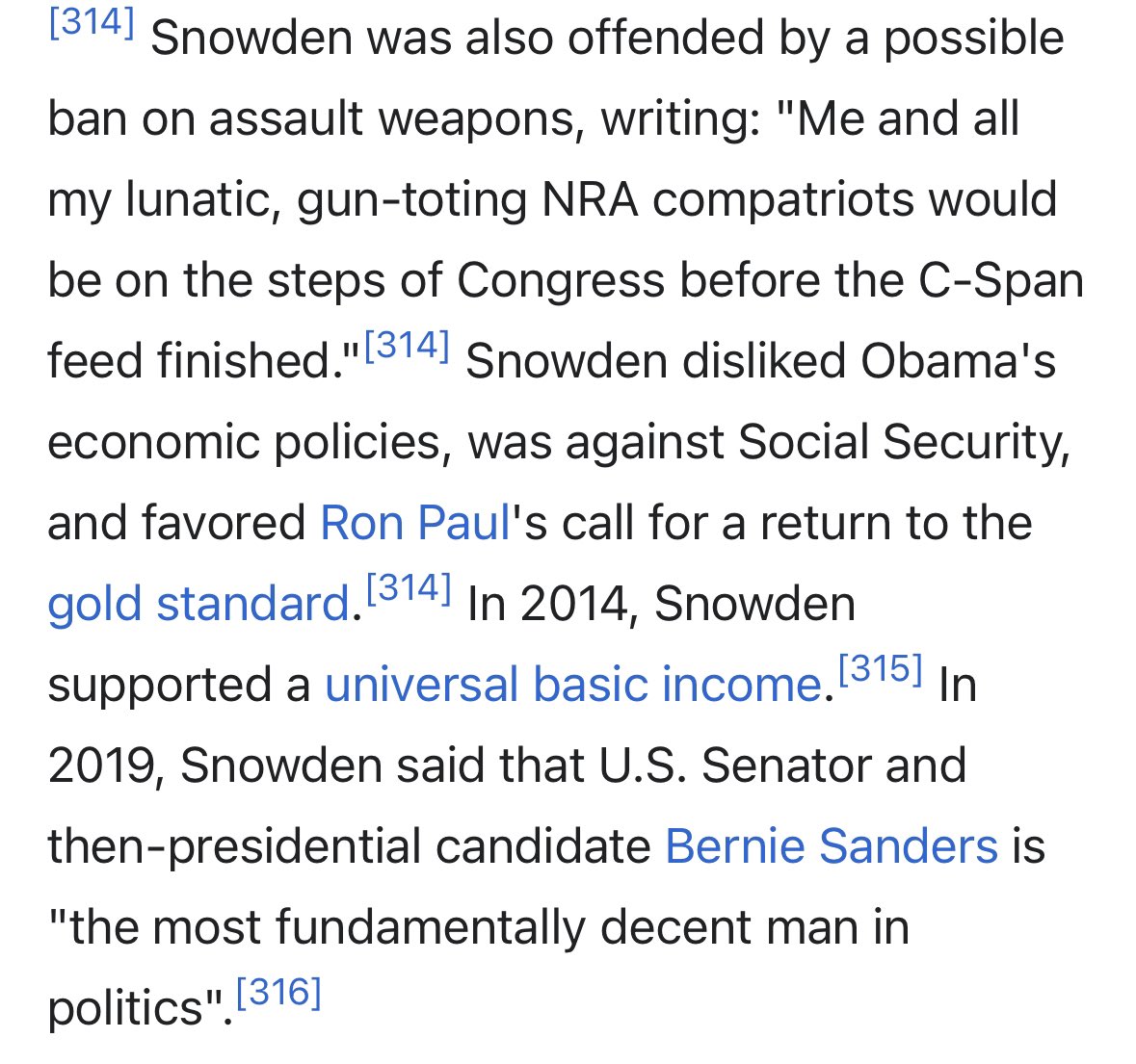 im on ed snowdens wiki page and it’s kinda wild but not that surprising how the trajectory of his political views for over a decade just directly coincides with what all the loudest guys on reddit believed in each era