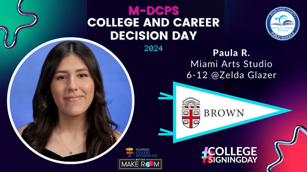 Today @MDCPS celebrates #CollegeSigningDay! Paula R. from @MASzeldaglazer will be attending @BrownUniversity @BetterMakeRoom #CollegeReady #YourBestChoiceMDCPS @MDCPSSouth @SuptDotres @LDIAZ_CAO @ReachHigher @FLCollegeAccess