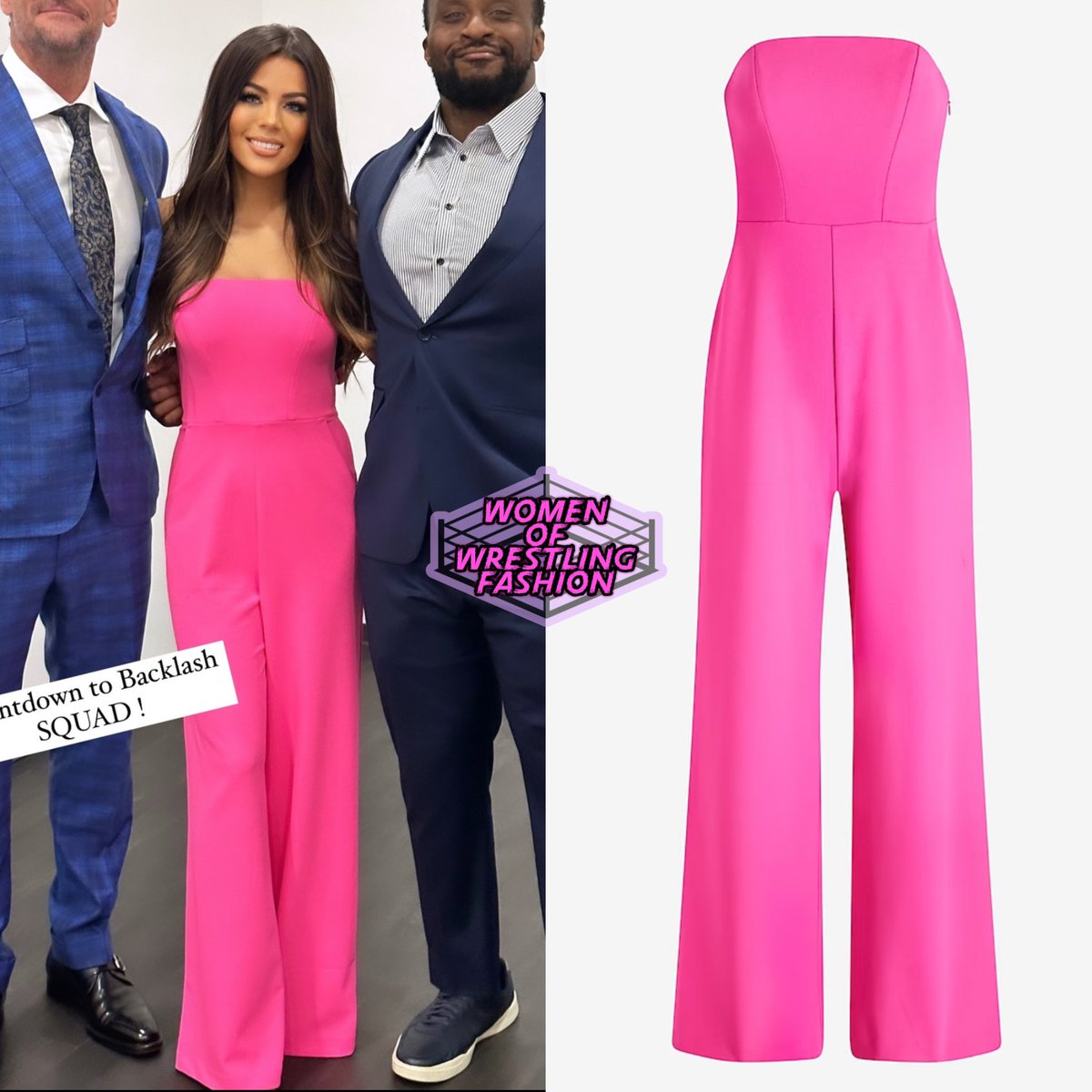 Jackie wears the Strapless Wide Leg Jumpsuit in Hot Pink from Express ($52.80 - on sale)