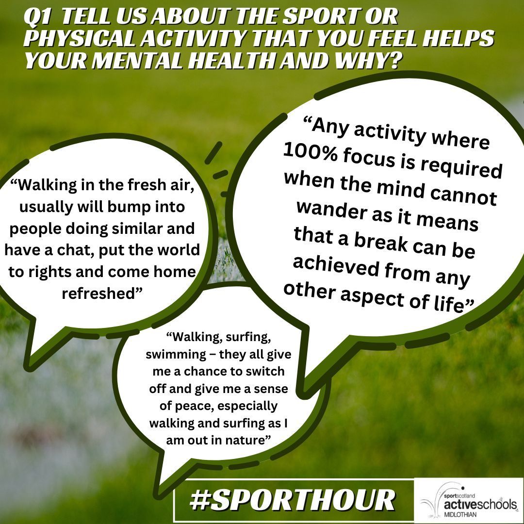 #SportHour @sportscotland A1. In a nutshell: doing any sport/activity where you can properly switch off mentally, and also getting outdoors in the fresh air! Here's what our Active Schools team said...