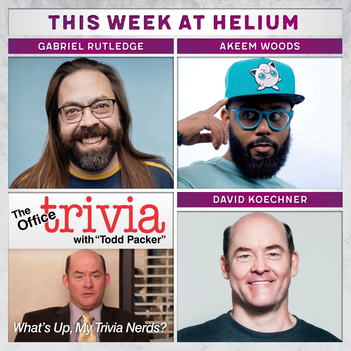 This Week at Helium | @gaberutledge, @WoodsAkeem in The Garage, Office Trivia, + @DavidKoechner headlines the weekend! Grab tickets here: bit.ly/3QzPDCy