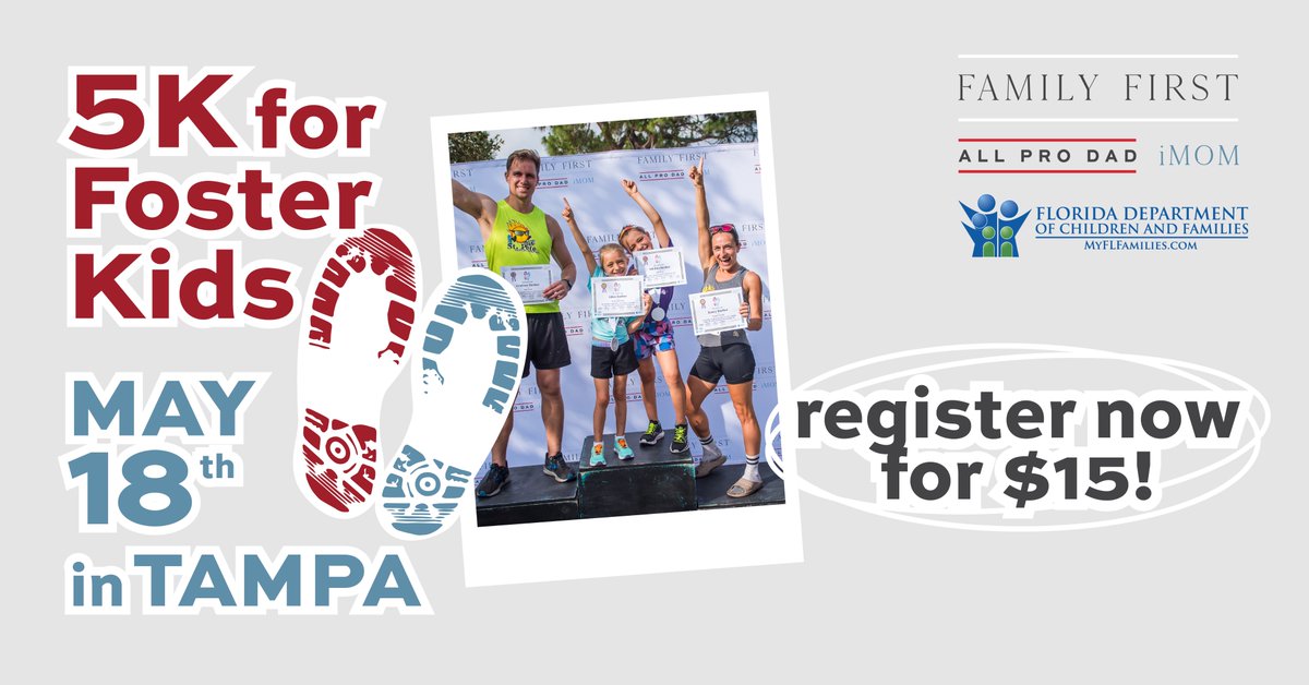 We're celebrating National Foster Care Month with our annual 5K for Foster Kids! Help raise awareness by joining us on May 18th at Gadsden Park in Tampa or participating virtually! Registration is limited, so sign up today! allprodad.com/5k-foster-kids/