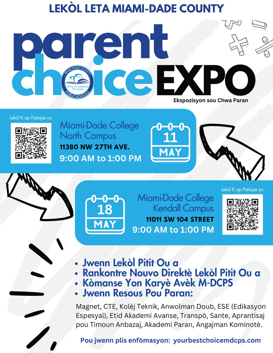 Miami-Dade Schools (@mdcps) on Twitter photo Looking for the perfect fit for your child's education next year, or interested in a rewarding career with <a href="/MDCPS/">Miami-Dade Schools</a>?
From PreK To Career, Your Journey Starts Here!
Join us at the Parent Choice Expo hosted at #MDCNorth on May 11th at 9 AM! Explore over 180 schools & programs, Looking for the perfect fit for your child's education next year, or interested in a rewarding career with <a href="/MDCPS/">Miami-Dade Schools</a>?
From PreK To Career, Your Journey Starts Here!
Join us at the Parent Choice Expo hosted at #MDCNorth on May 11th at 9 AM! Explore over 180 schools & programs,