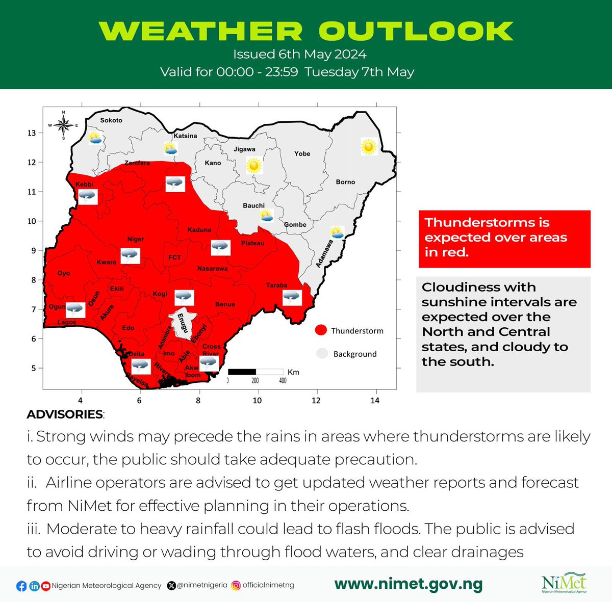 Weather Outlook issued 6th Valid 00:00 - 23:59 Tuesday 7th May

Visit: youtu.be/uieDZ1jN1jg?si…
To watch weather forecast video 

#beweatheraware #nigerianweather #thunderstorms #cloudiness #cloudy #sunny #climatechange #flashfloods