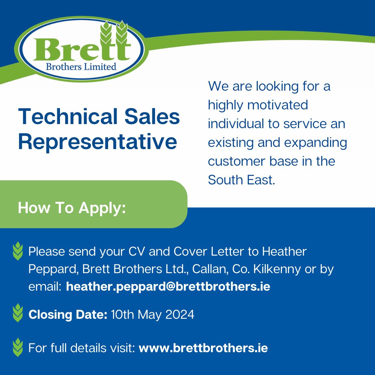 We’re hiring for the role of Technical Sales Representative in the South East! To learn more about this role, visit our website 👉bit.ly/3tDhZ7o 

Email your CV and Cover Letter to heather.peppard@brettbrothers.ie

#JobAlert #Hiring #AgriRecruitment #JobFairy #JobSearch