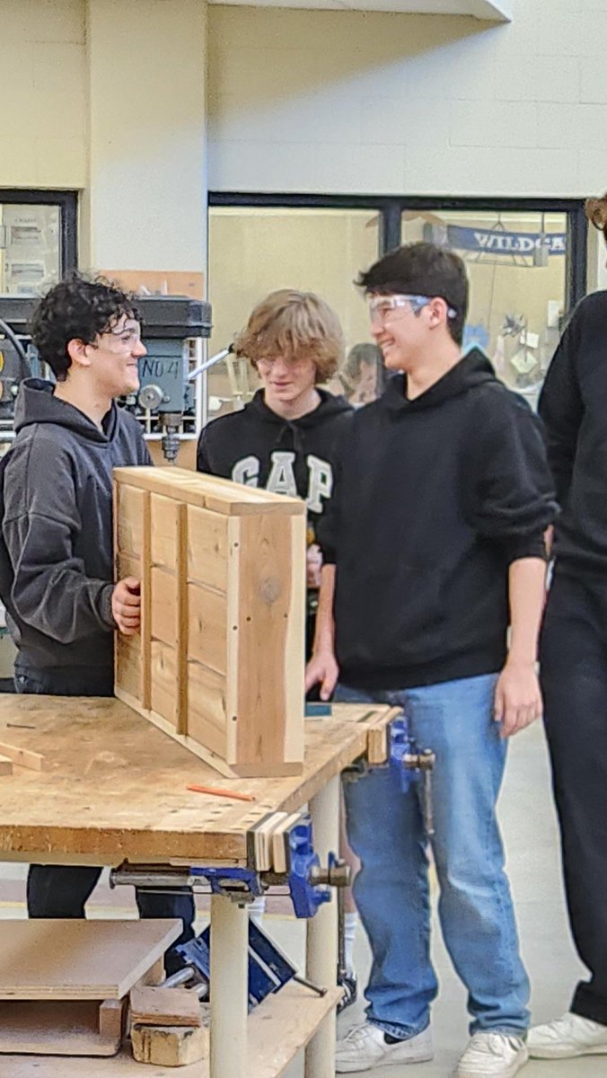 The Mud Kitchen builds are coming along! Here are students working on the back shelving unit. These Mud Kitchens will be going to neighbouring elementary schools.
#sd38learn
#skills
#WilcatTalent
#McMathPRIDE 
@RichmondSD38