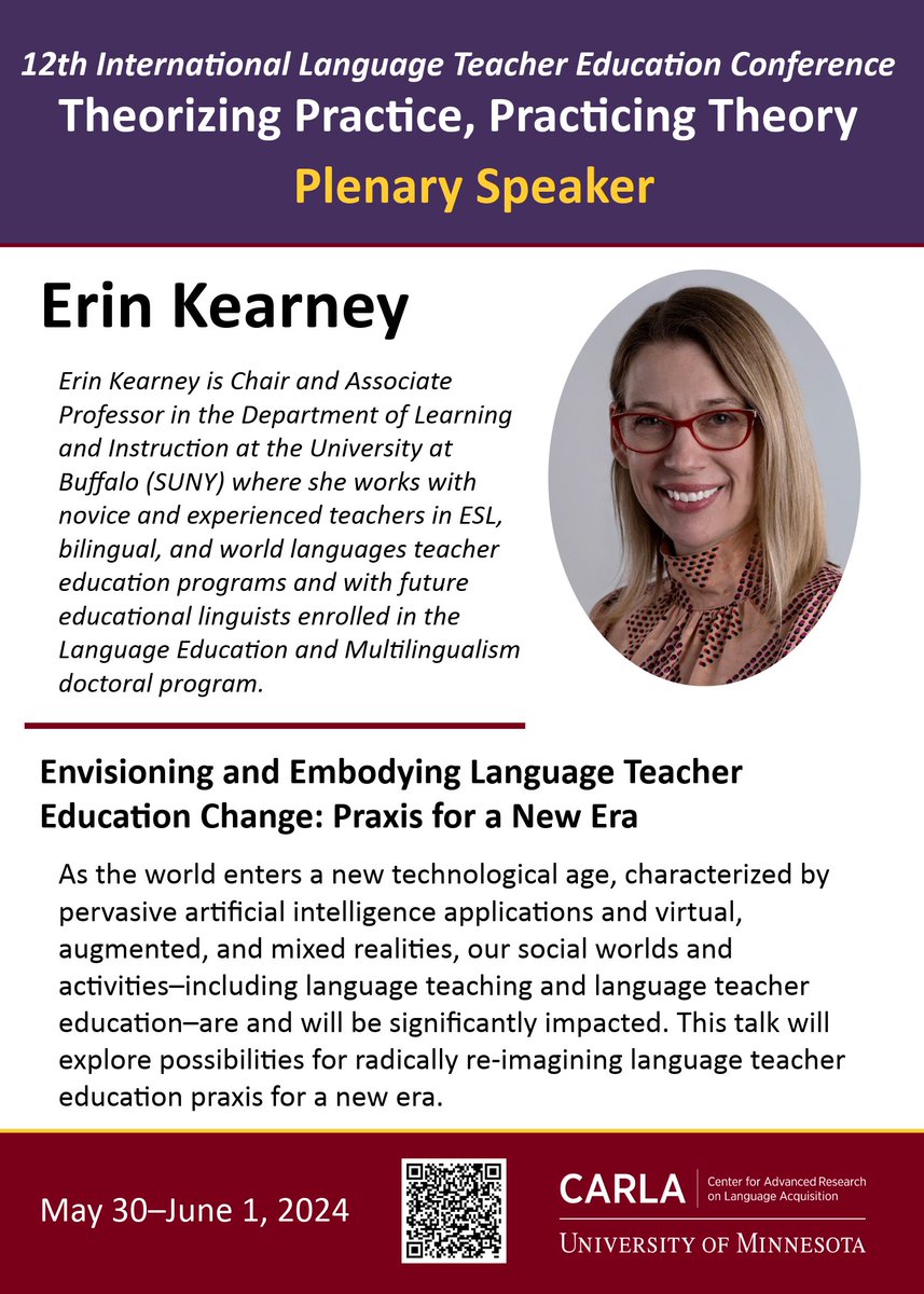 Plenary Speaker Spotlight: Erin Kearney, Chair and Associate Professor, Department of Learning and Instruction, University at Buffalo (SUNY) Click below to read more about Kearney's plenary at the 2024 Language Teacher Education Conference! carla.umn.edu/conferences/lt…