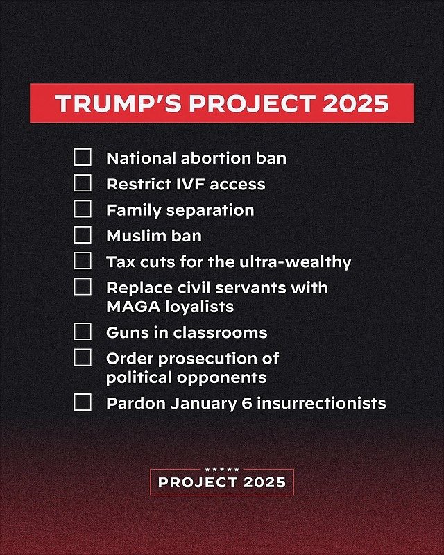 If Trump wins next November, then the far-right nightmare of Project 2025 will become a reality for millions of Americans. We can’t let them check anything on this list off. #NeverTrump #VoteBlueForDemocracy #Project2025 #wtpGOTV24