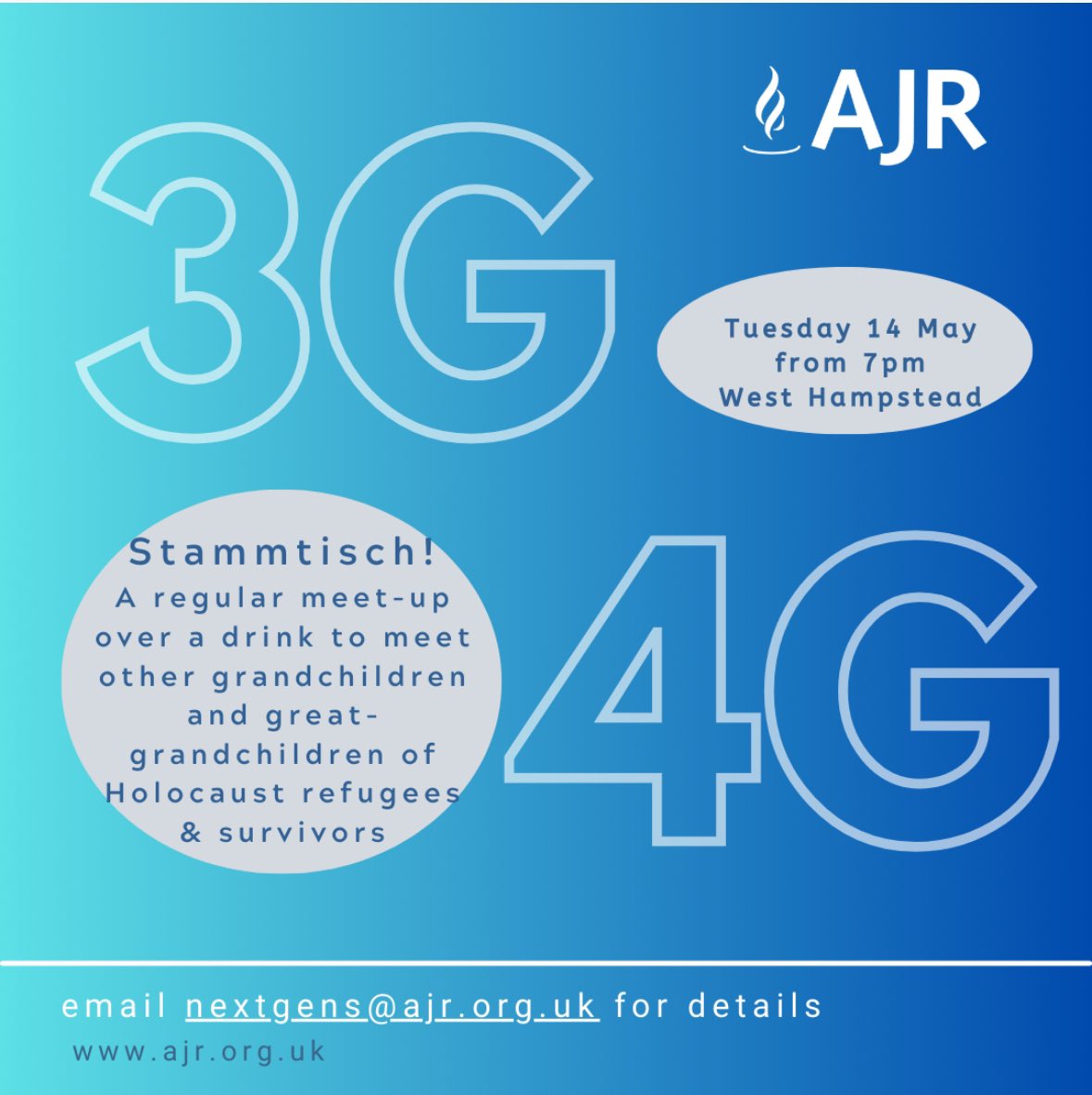 Calling all grandchildren & great-grandchildren of Holocaust survivors & refugees aged 18-40s. Come to our next 3G / 4G ‘Stammtisch’ in a fab venue in NW London. Email nextgens@ajr.org.uk for details 🍹