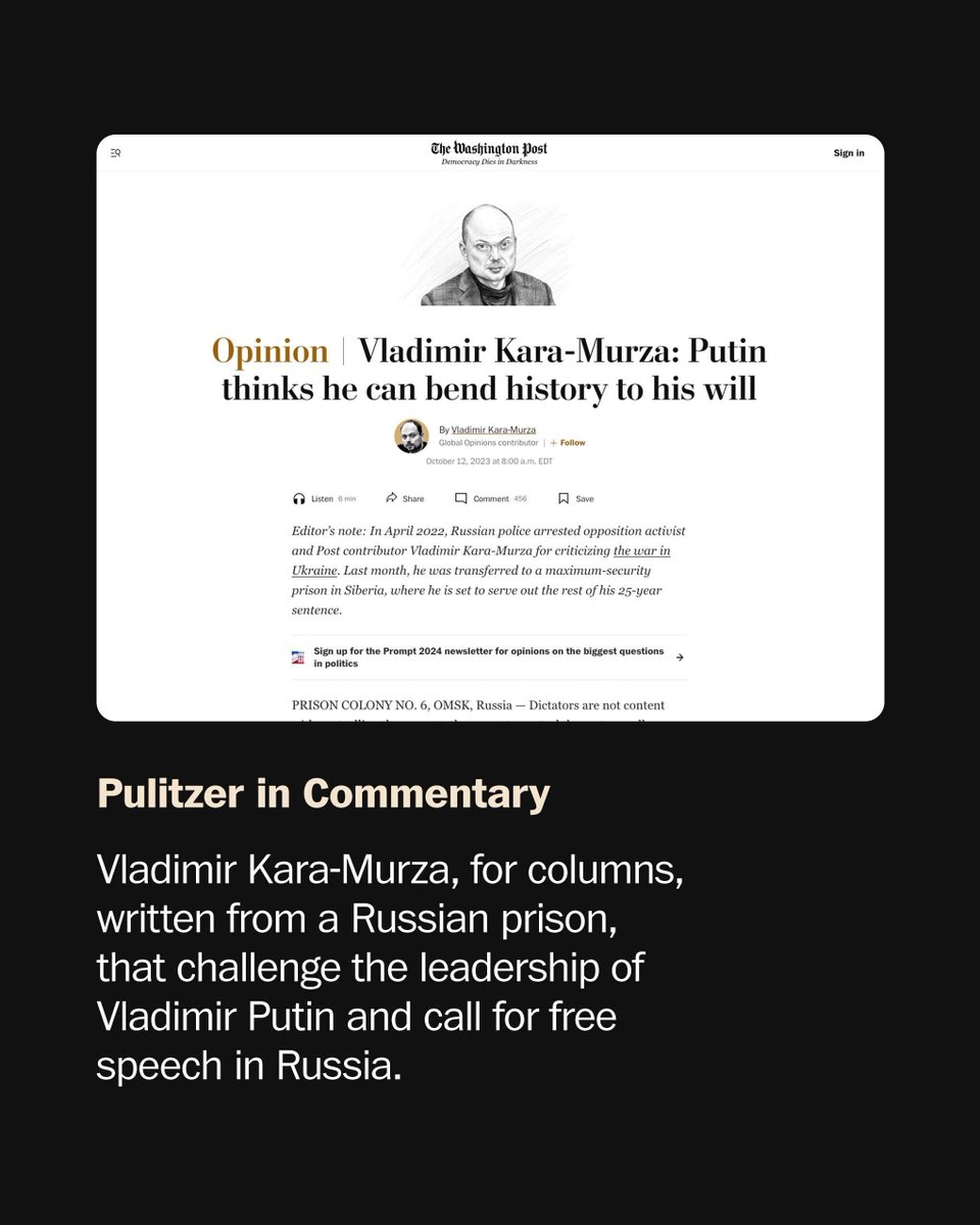 🧵Vladimir Kara-Murza (@vkaramurza), our contributing columnist who has been imprisoned in Russia since April 2022, was awarded the 2024 Pulitzer Prize for commentary. Here are the seven columns for which he was honored: wapo.st/3wzMhcq