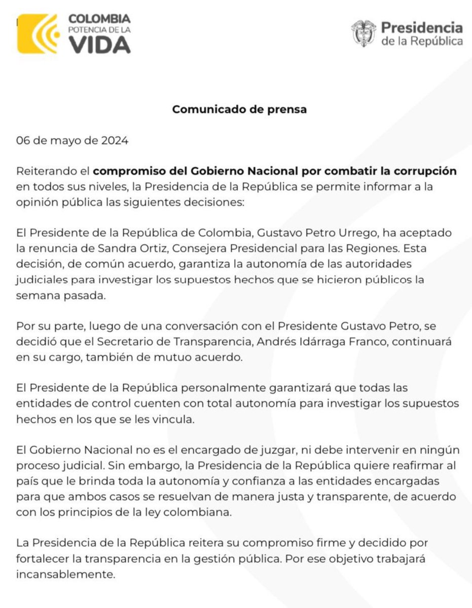 Un gran acierto la decisión del señor presidente @petrogustavo de mantener en su cargo al secretario de transparencia @Aidarragaf . Sin titubeos, fue quizás el primer funcionario en ir más allá de las especulaciones y denunciar lo que estaba sucediendo en la @UNGRD . Vamos sin…