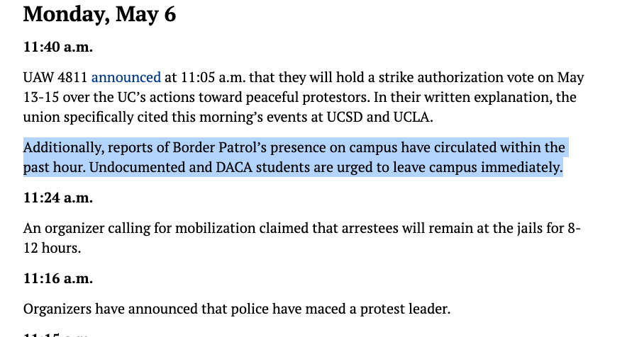 So beyond appalling↘️

'[R]eports of Border Patrol’s presence on campus have circulated within the past hour. Undocumented and DACA students are urged to leave campus immediately.'   

There are just no words. 

ucsdguardian.org/2024/05/06/dai…
