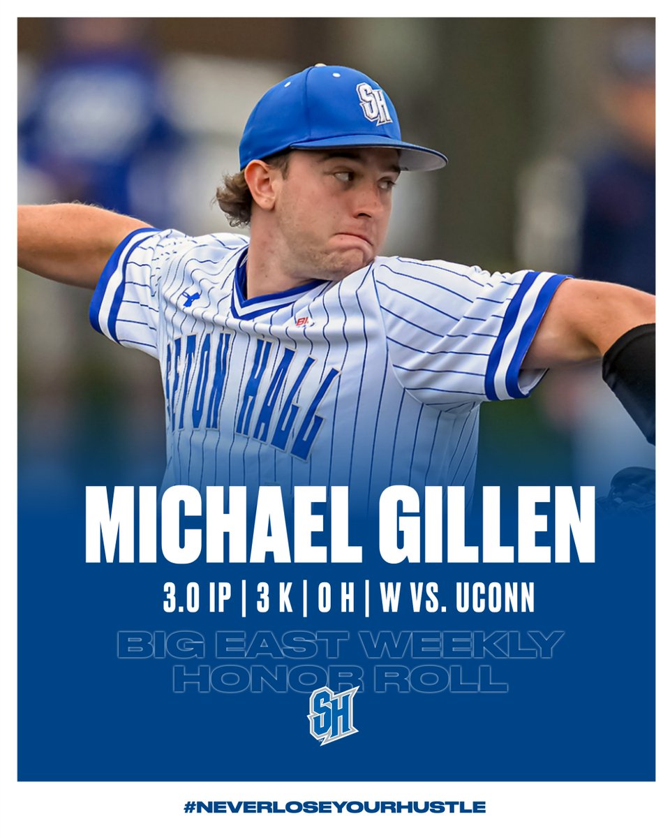 Gillen's relief performance in our win over UConn lands him a spot on the BIG EAST Weekly Honor Roll 🏴‍☠️⚾️ #HALLin 🔵⚪️ | #NeverLoseYourHustle