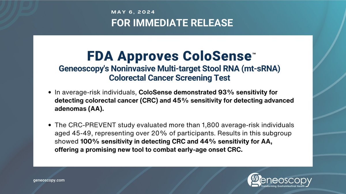 Geneoscopy is thrilled to announce the FDA approval of #ColoSense, our noninvasive multi-target stool RNA-based #ColorectalCancer screening test--the first to use patented #RNA technology to provide a dynamic view of disease activity. bit.ly/ColoSenseFDAAp… #EarlyDetection