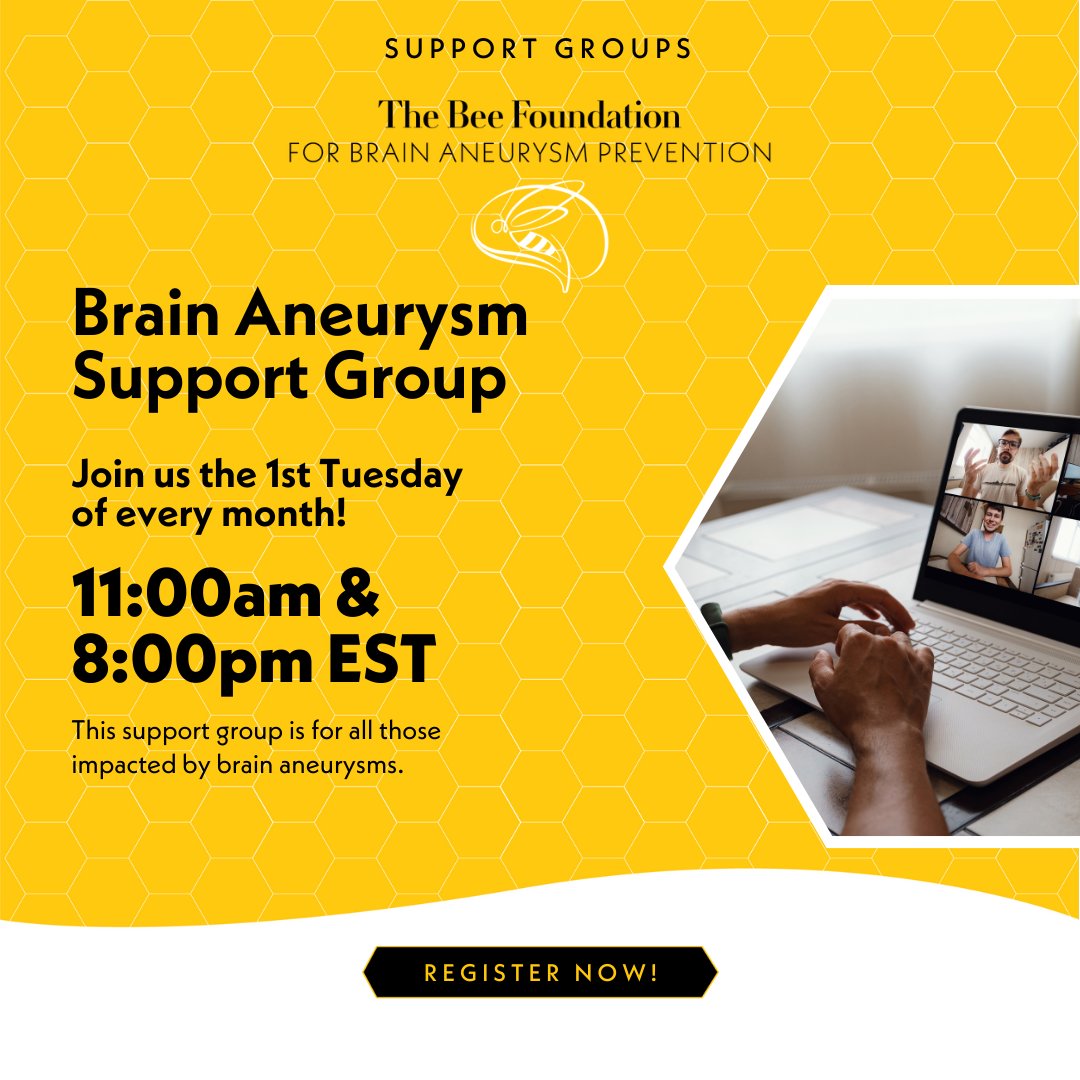 Don't forget to catch our monthly Support Group! Join us for our 11:00am and/or 8:00pm EST session, Tuesday May 7th. Don't forget to sign up NOW and join us. This support group is for all those impacted by brain aneurysms. Click the link to register: l8r.it/znc1