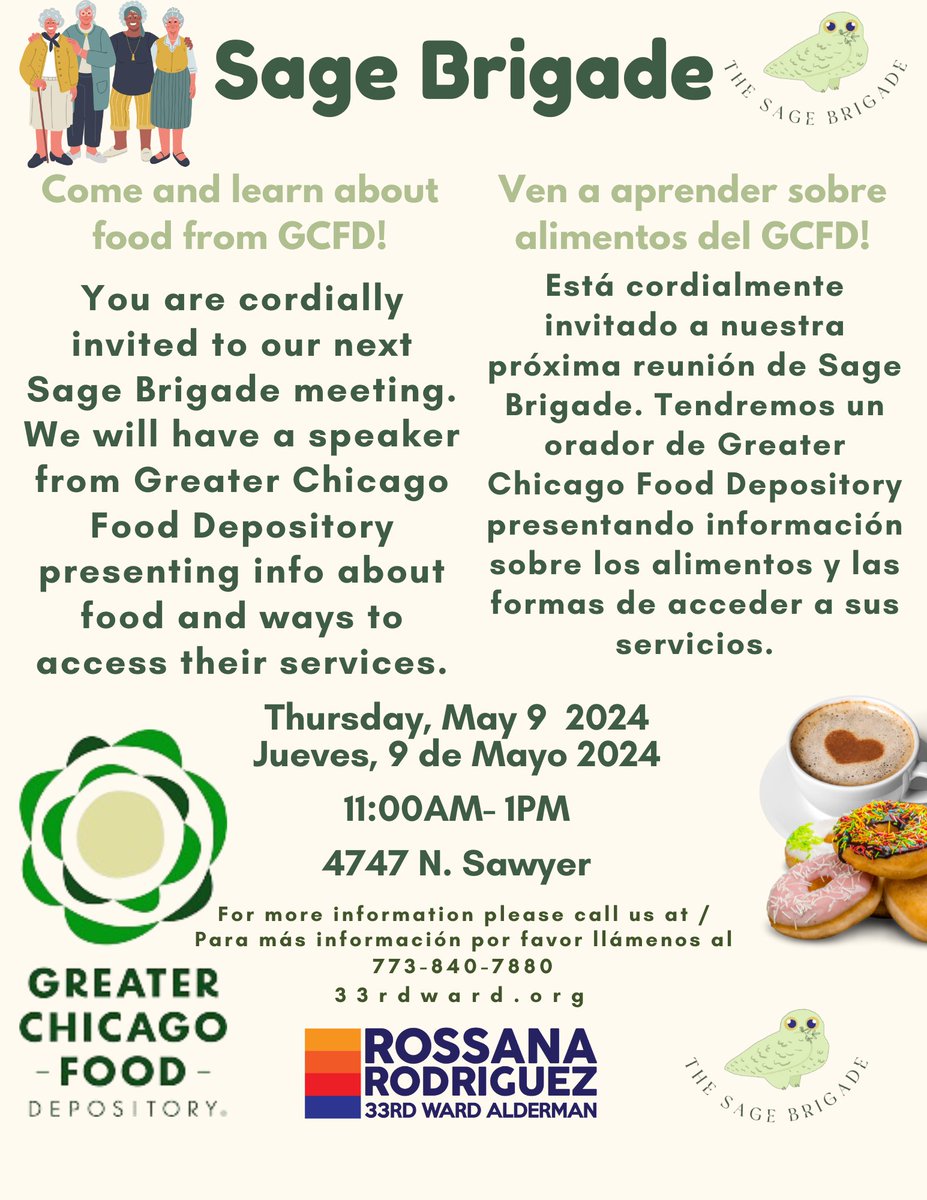 Join our 33rd Ward Sage Brigade on Thursday to hear from a representative of the Greater Chicago Food Depository about how to access their services. Sage Brigade is a group of volunteers and seniors focused on providing information regarding benefits or programs for seniors.