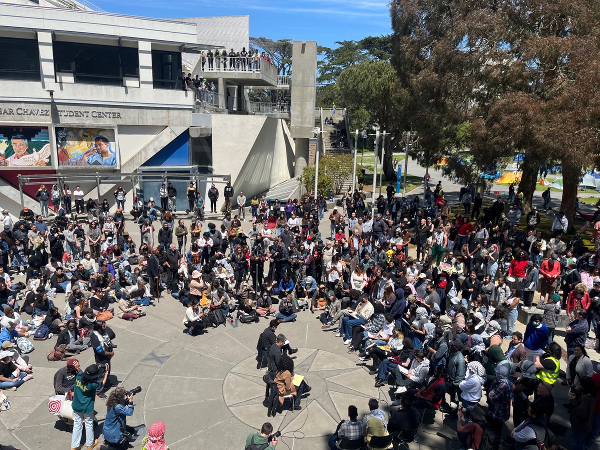 SFSU student movement for palestine has won open bargaining, between the campus president and democratically-elected movement reps. 300+ here. frank, direct convo so far on next steps for divestment.