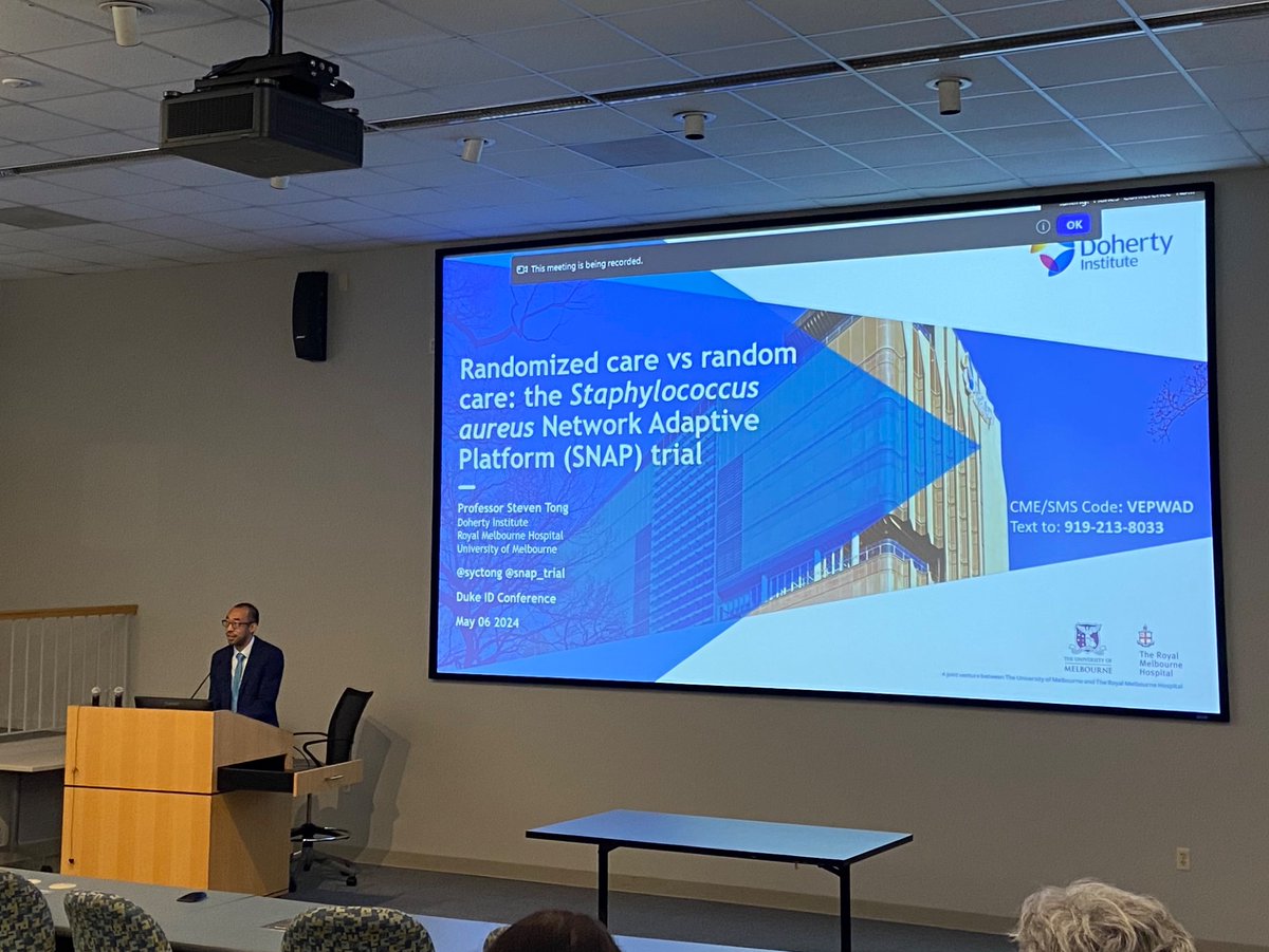 Steve Tong @syctong gracing us at @DukeAdultID & @DCRINews on his North American tour to spread the gospel of Staph aureus treatment & the @snap_trial juggernaut