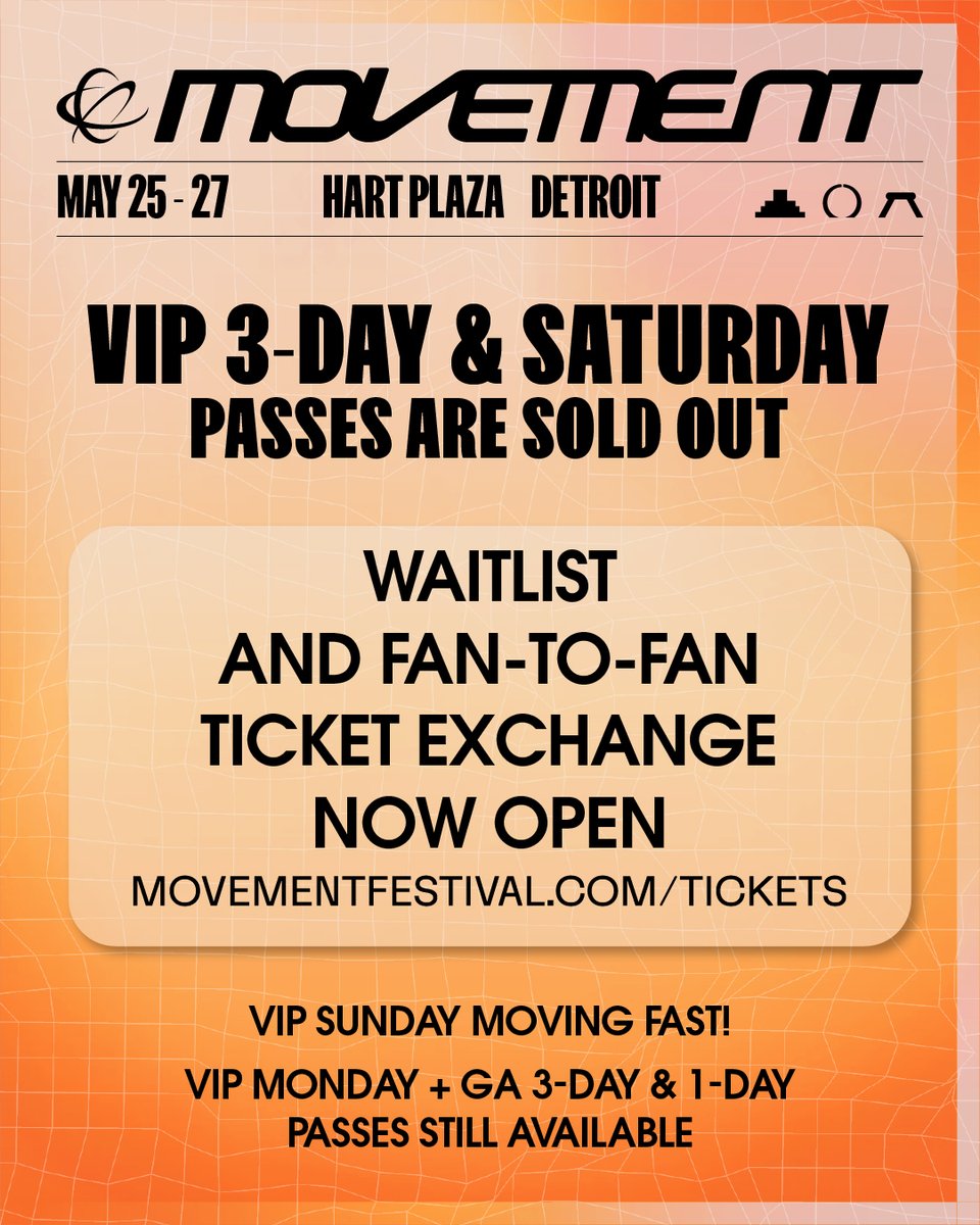 VIP sold out! Heads up! VIP 3-Day & Saturday passes are Sold Out. Waitlist is now open. VIP Sunday & Monday + GA 3-Day & 1-Day are still available at movementfestival.com/tickets 🔗 #Movement2024 #MovementDetroit