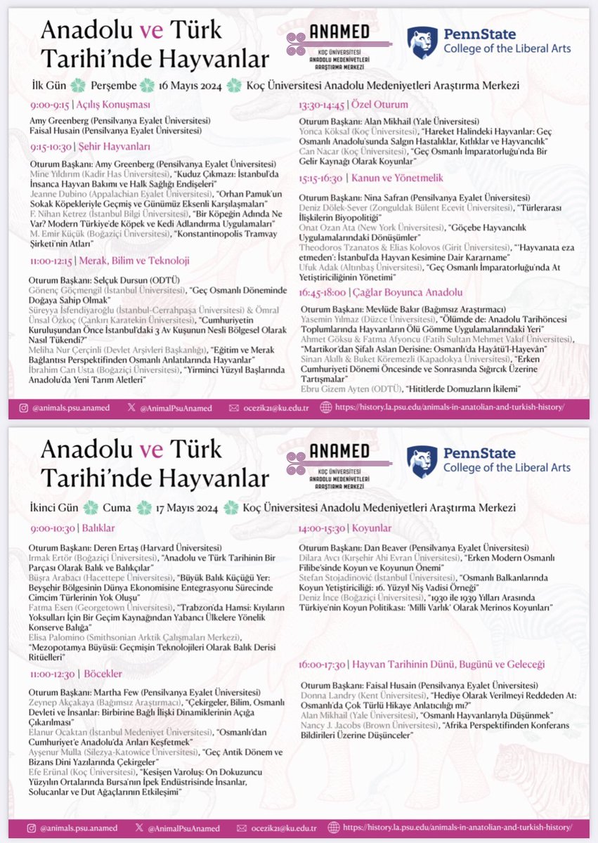 16-17 Mayıs tarihlerinde İstanbul'da 'Anadolu ve Türk Tarihinde Hayvanlar' isimli çok güzel bir konferans gerçekleştiriliyor. Sunum yapacaklar listesinde öğrencim @OnatOzanAta2 da var, pek gururluyum o yüzden. Istanbul'da olsam kaçırmaz, giderdim.