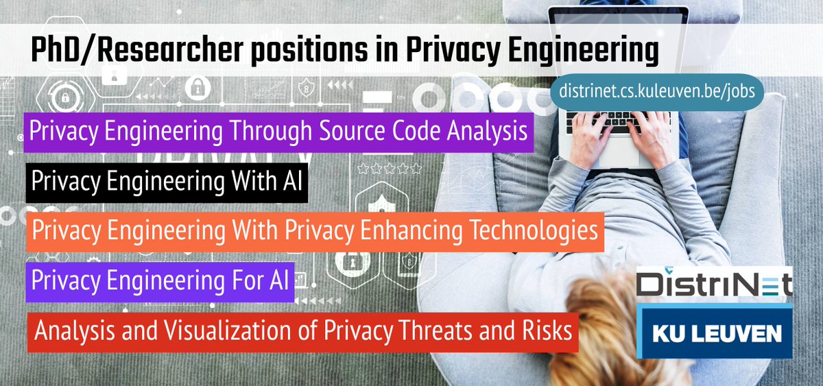 DistriNet KU Leuven is looking for PHD researchers passionate about Privacy Engineering. Apply now: distrinet.cs.kuleuven.be/jobs/jobs #privacy #PhDposition #kuleuven