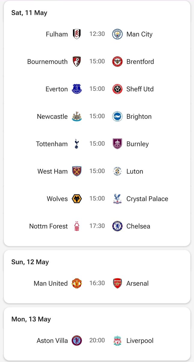 Last Man Standing update All 6 players survived week 6 with 3 having picked Arsenal and 1 each with Forest, Chelsea and Newcastle. Week 7 fixtures attached, entries to 07952317370 by 12 noon on Saturday.